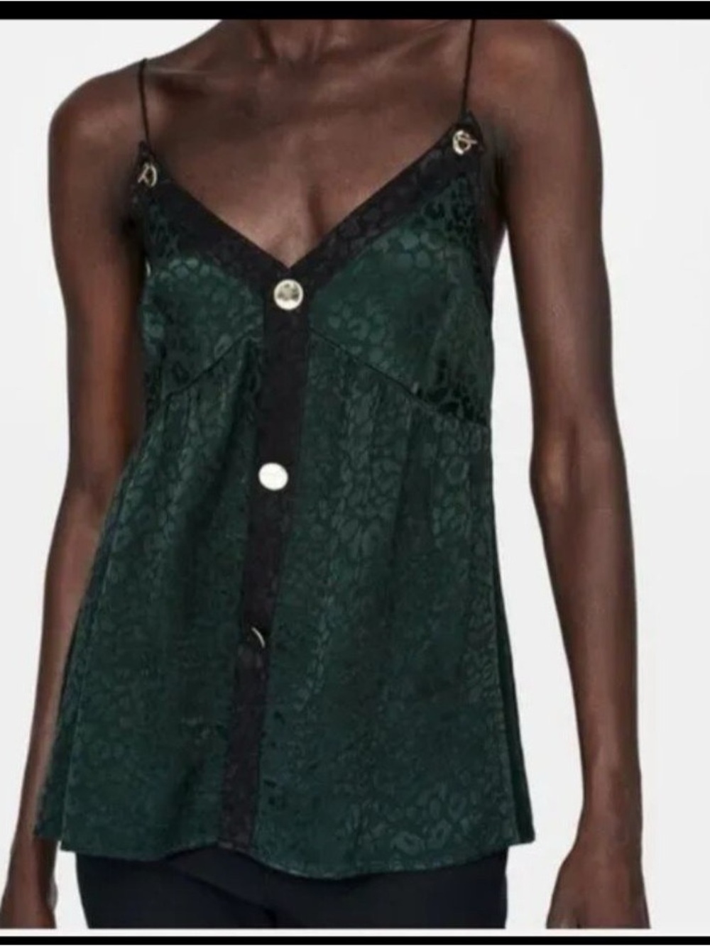 Zara Basics Dark Green Satin Leopard Print Button-Front Cami Whimsigoth Vibes
